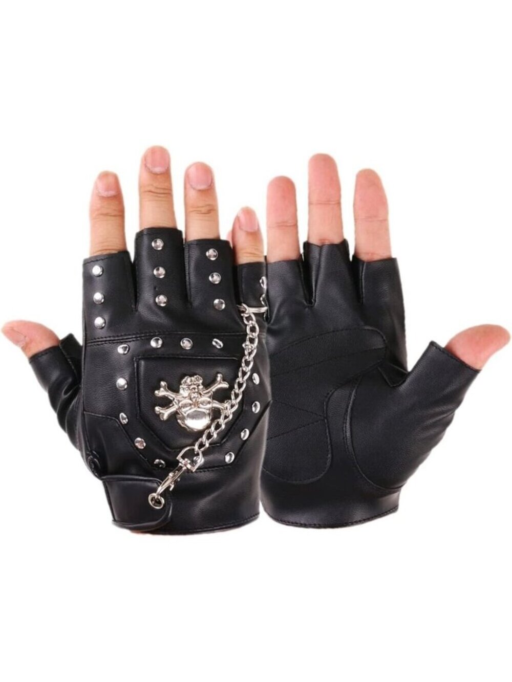 Men Black Half Finger Punk Rivets Metal Chain Motorcycles PU Leather Gloves